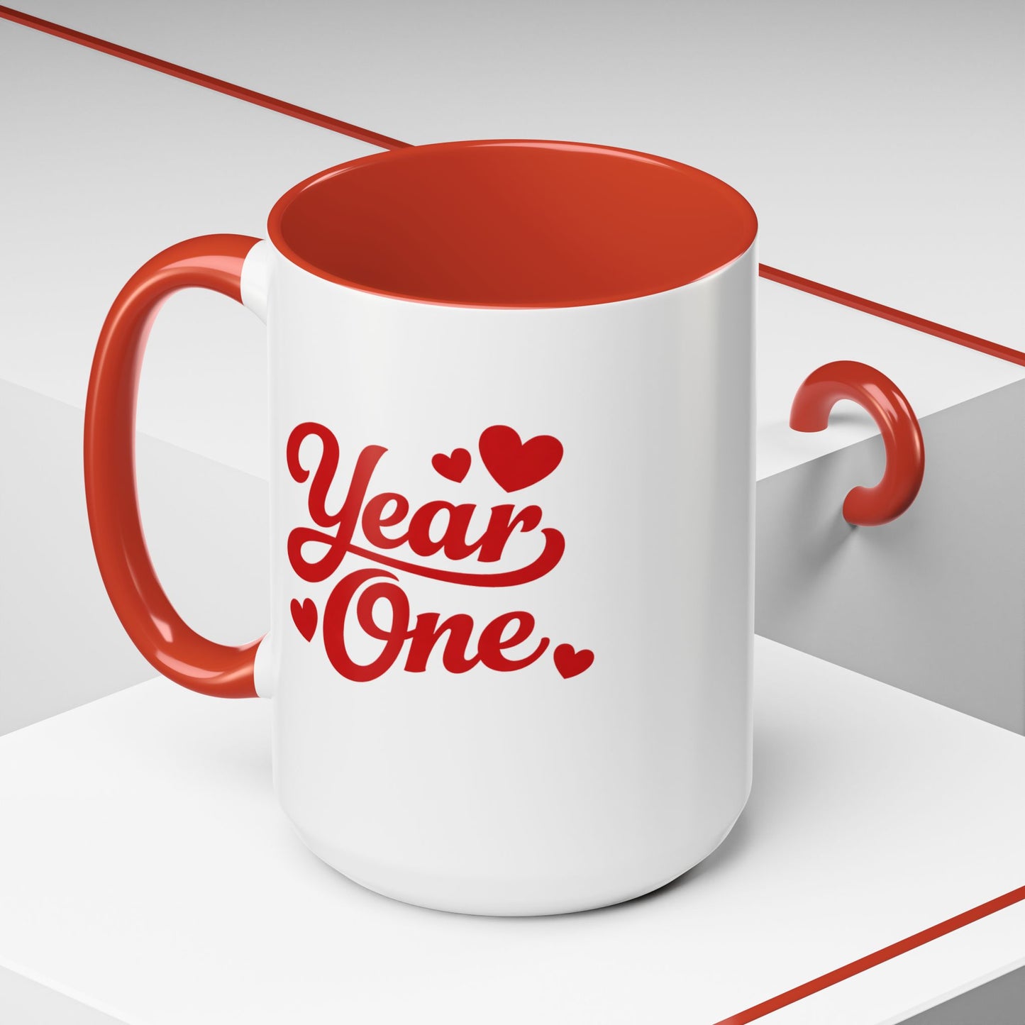 Year One Accent Coffee Mug — 1st Anniversary Red Heart Design (15oz)