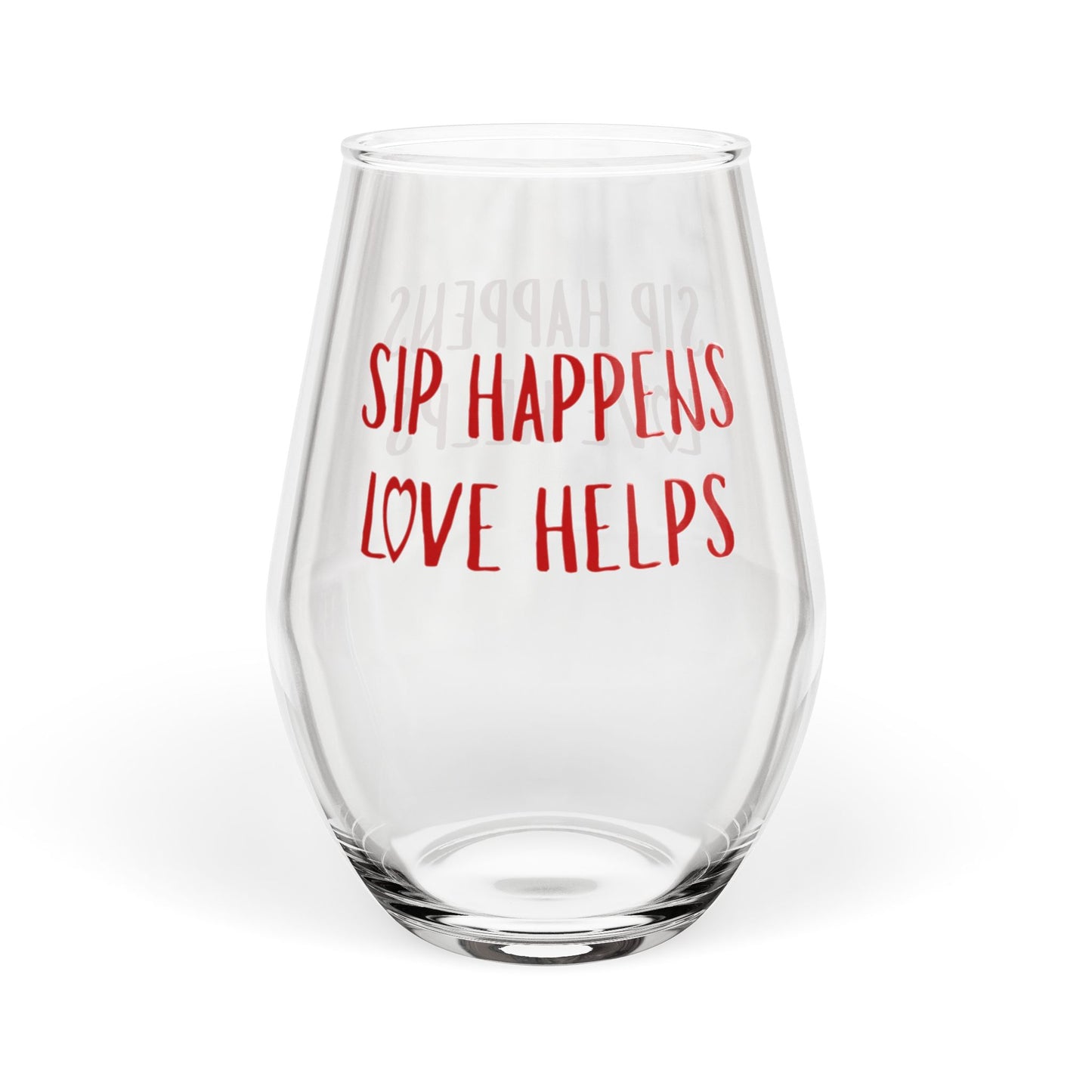 Stemless Wine Glass - "Sip Happins Love Helps" Red Script | 11.75 oz