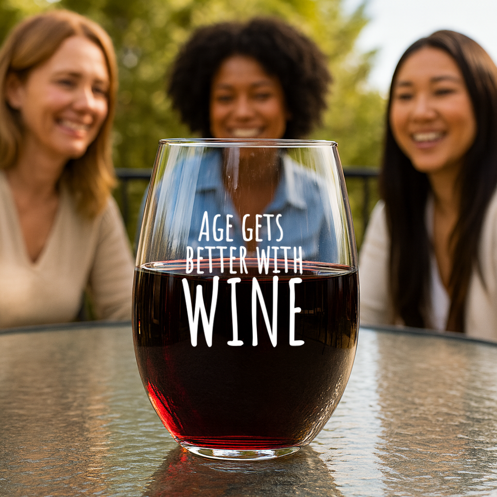 "Age Gets Better With Wine" 15oz Stemless Wine Glass