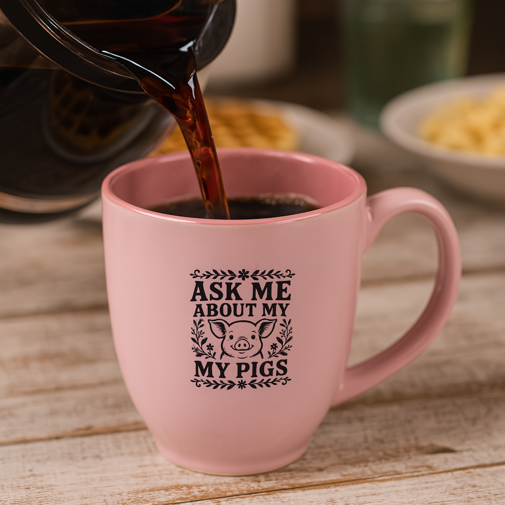 "Ask Me About My Pigs" 15oz Pink Bistro Mug