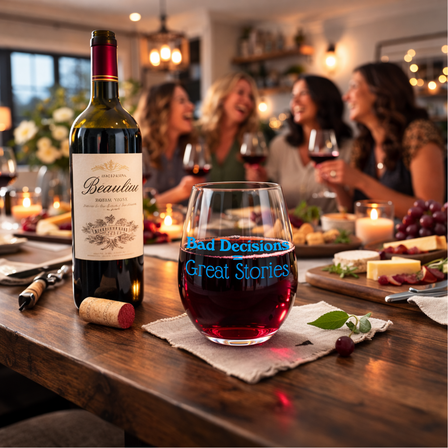 "Bad Decisions = Great Stories" 15oz Stemless Wine Glass - Funny Wine Glass for Women - A Gift with Attitude for Mom, Wife, Girlfriends - Cute Birthday or Mother’s Day Gift for Wine Lovers