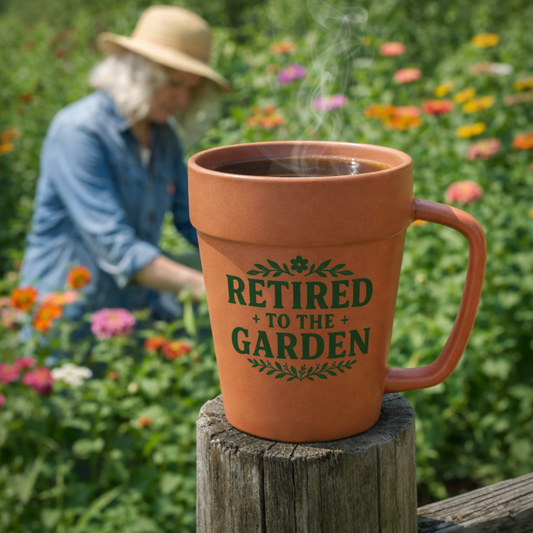 "Retired to the Garden" 14oz Terra Cotta Flower Pot Mug