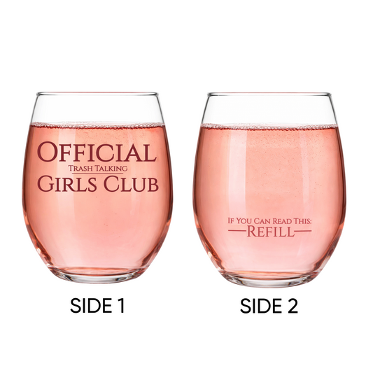 "Official (Trash Talking) Girl's Club" 15oz Stemless Wine Glass - Funny Wine Glass for Women - A Gift with Attitude for Mom, Wife, Girlfriends - Cute Birthday or Mother’s Day Gift for Wine Lovers