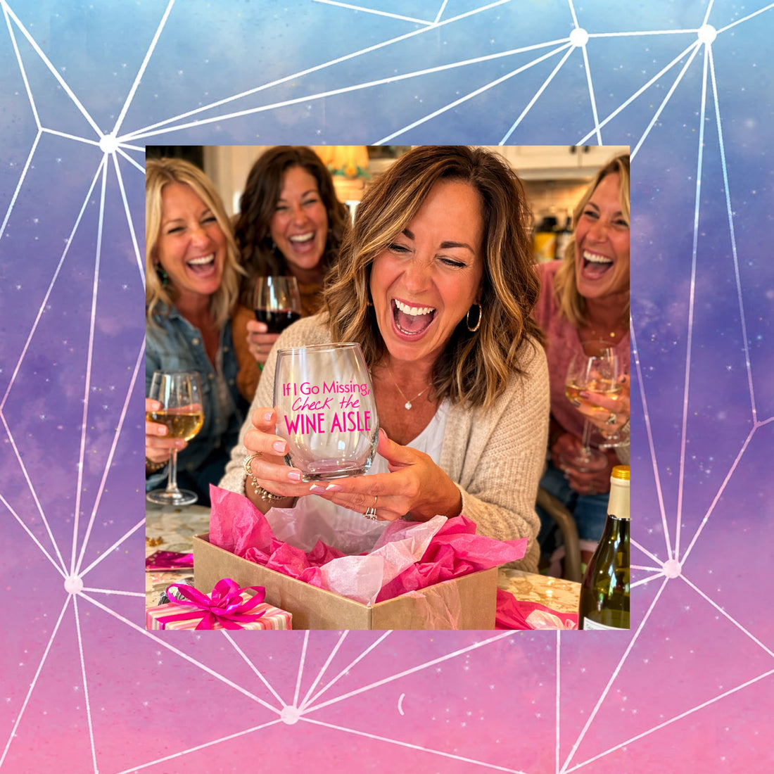 An overjoyed woman opens a gift box containing a stemless wine glass with the words Ïf I go Missing, Check the Wine Aisle" 