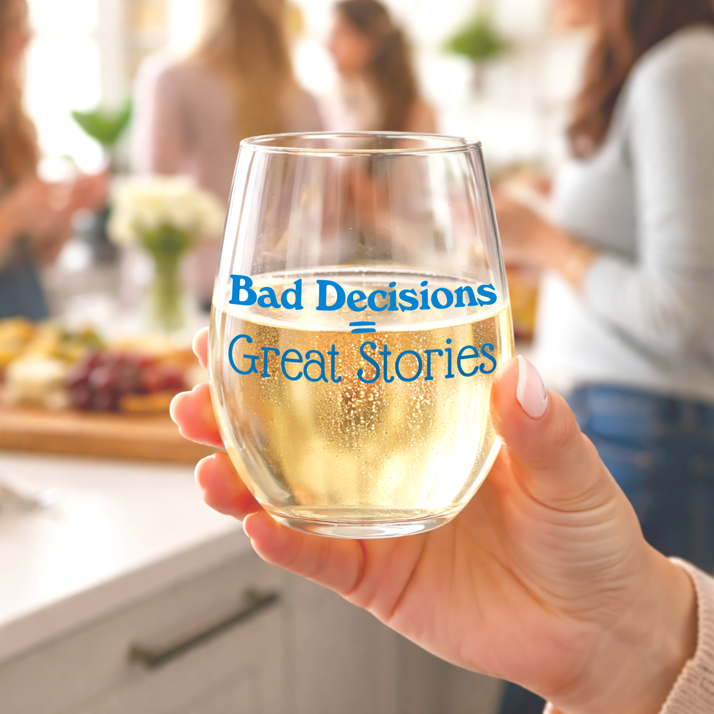 "Bad Decisions = Great Stories" 15oz Stemless Wine Glass - Funny Wine Glass for Women - A Gift with Attitude for Mom, Wife, Girlfriends - Cute Birthday or Mother’s Day Gift for Wine Lovers