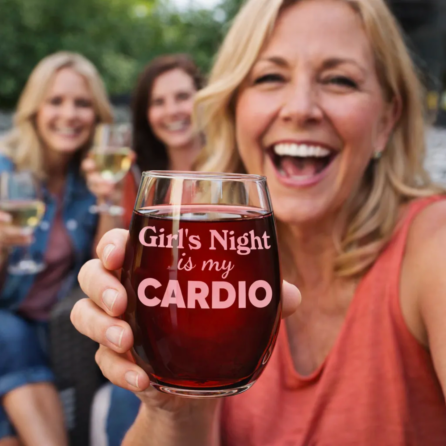"Girl's Night Is My Cardio" 15oz Stemless Wine Glass - Funny Wine Glass for Women - A Gift with Attitude for Mom, Wife, Girlfriends - Cute Birthday or Mother’s Day Gift for Wine Lovers