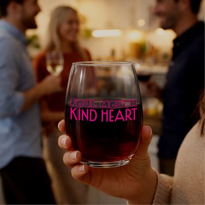 "Foul Mouth, Kind Heart" 15oz Stemless Wine Glass - Funny Wine Glass for Women - A Gift with Attitude for Mom, Wife, Girlfriends - Cute Birthday or Mother’s Day Gift for Wine Lovers