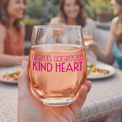 "Foul Mouth, Kind Heart" 15oz Stemless Wine Glass - Funny Wine Glass for Women - A Gift with Attitude for Mom, Wife, Girlfriends - Cute Birthday or Mother’s Day Gift for Wine Lovers