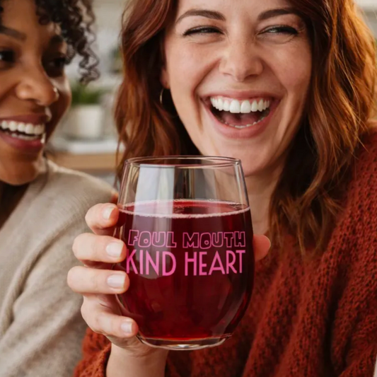 "Foul Mouth, Kind Heart" 15oz Stemless Wine Glass - Funny Wine Glass for Women - A Gift with Attitude for Mom, Wife, Girlfriends - Cute Birthday or Mother’s Day Gift for Wine Lovers