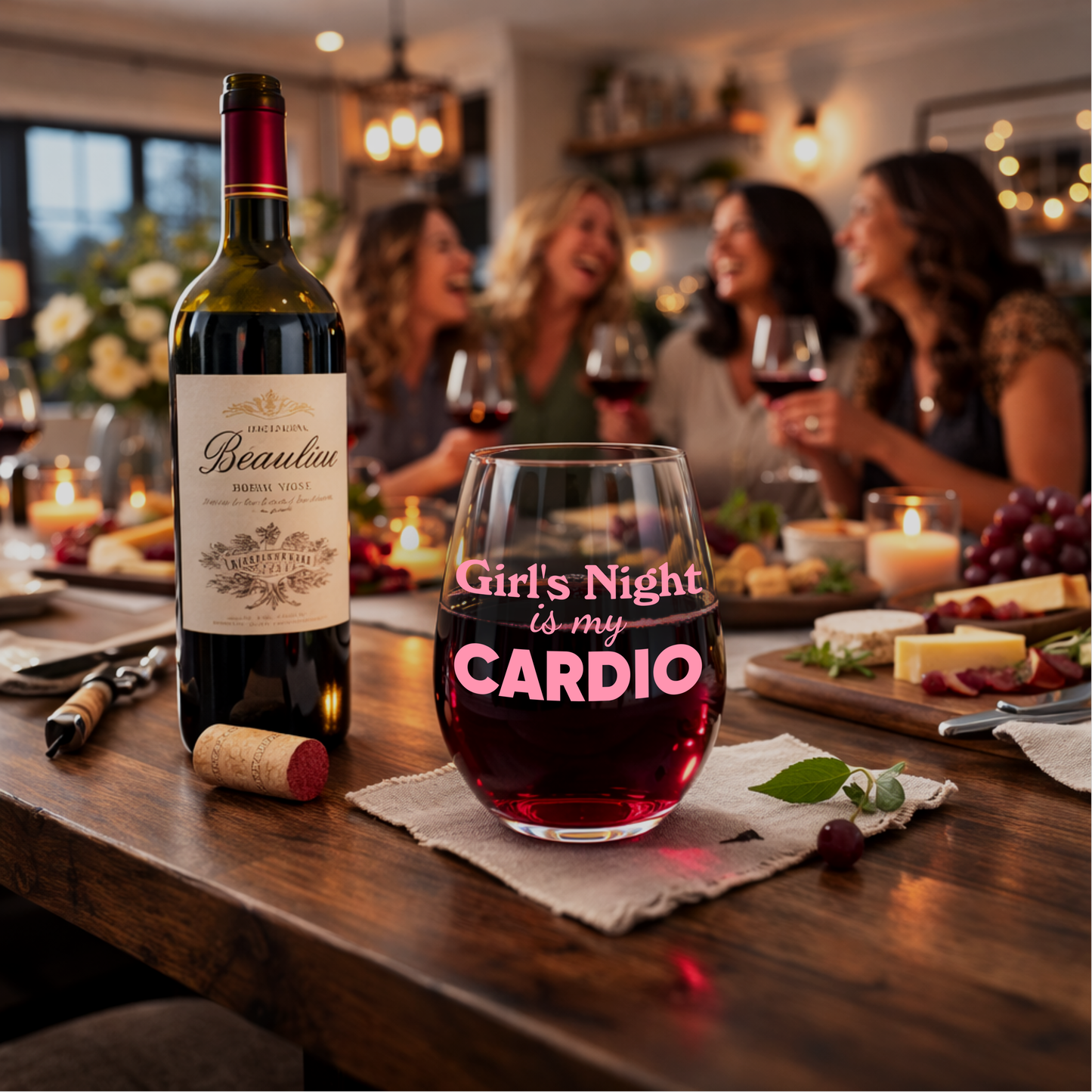 "Girl's Night Is My Cardio" 15oz Stemless Wine Glass - Funny Wine Glass for Women - A Gift with Attitude for Mom, Wife, Girlfriends - Cute Birthday or Mother’s Day Gift for Wine Lovers