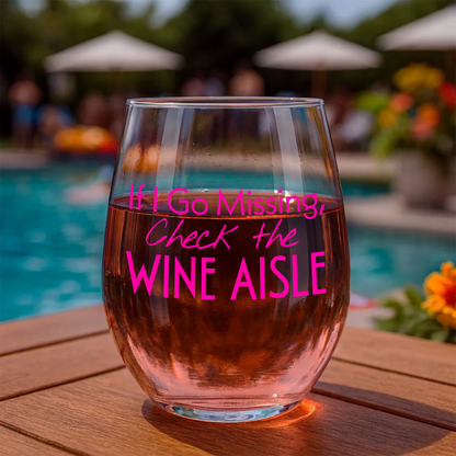 "If I Go Missing, Check The Wine Aisle" 15oz Stemless Wine Glass - Funny Wine Glass for Women - A Gift with Attitude for Mom, Wife, Girlfriends - Cute Birthday or Mother’s Day Gift for Wine Lovers