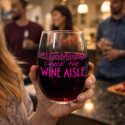 "If I Go Missing, Check The Wine Aisle" 15oz Stemless Wine Glass - Funny Wine Glass for Women - A Gift with Attitude for Mom, Wife, Girlfriends - Cute Birthday or Mother’s Day Gift for Wine Lovers
